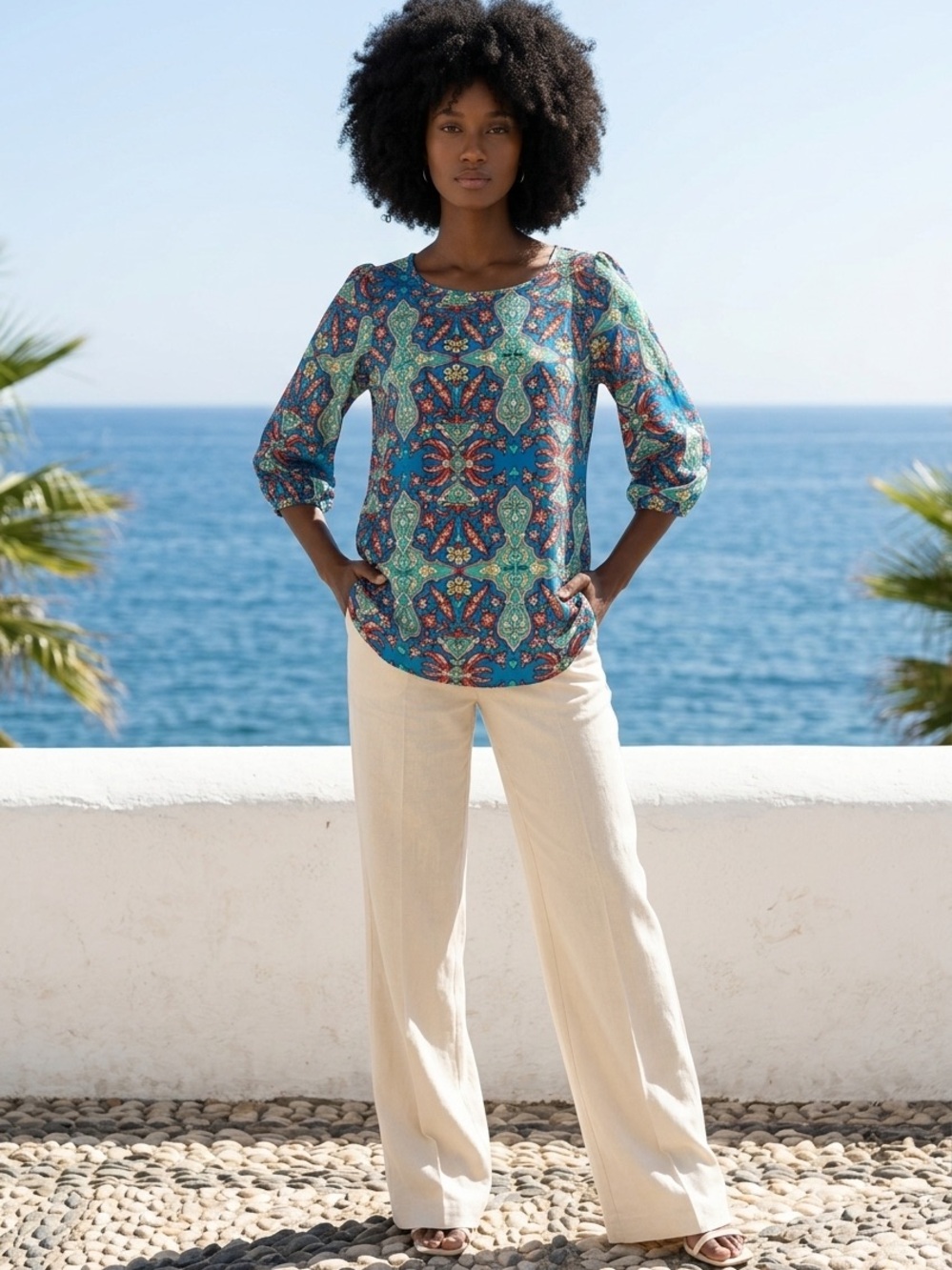 Peach Love Small Vibrant Blue Patterned Scoop-Neck Top